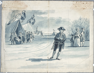 1976-3391 Tegelvoorbeeld met een voorstelling van ijsvermaak. Schaatsenrijders op breed water. Links enkele tenten op ...