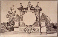 RI-1413-2 24 april 1786Ontwerp voor een titelpagina van het Alliantiefeest.Op de linker medaille: de bedreigde ...