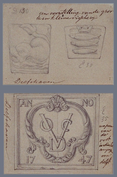 XXXI-124-01-20-TM-22 Gevelstenen van Delfshavense huizen. Nummer 20 en 21 zijn op één blad getekend.-20: wijk D nummer ...