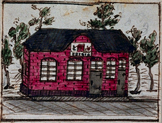 XXXI-332-2 Voorgevel en gevelsteen van de herberg In den Rustwat aan de Honingerdijk te Kralingen.3 tekeningen op één ...