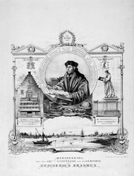 P-020125 Gedenkplaat op de 400e gedenkdag van de geboorte van Desiderius Erasmus, humanist.