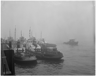 943 Afgemeerde sleepboten in de haven in verband met dichte mist en stillegging scheepvaartverkeer.