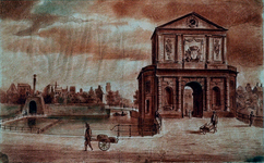 RI-505 De Delftse Poort en de Hofpoort, aan het Hofplein, gezien vanaf de Schiebrug.